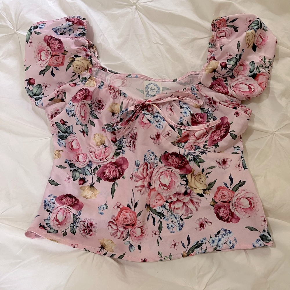 Blue Rain Pink Puff Sleeve Ruffled Blouse